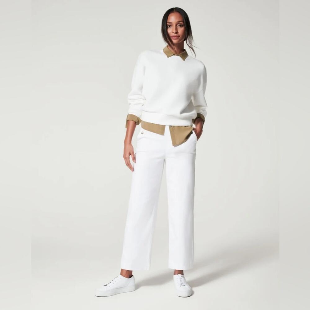 Spanx White Stretch Twill Cropped Wide Leg Pant LARGE PETITE BUSINESS Casual
